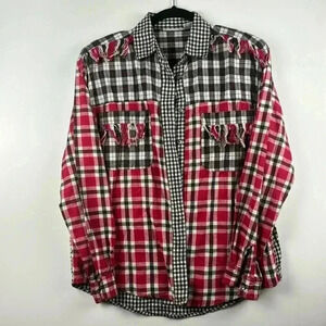 SZ S 100% cotton blouse   Red black Whitley long sleeves fringe 2 front pockets